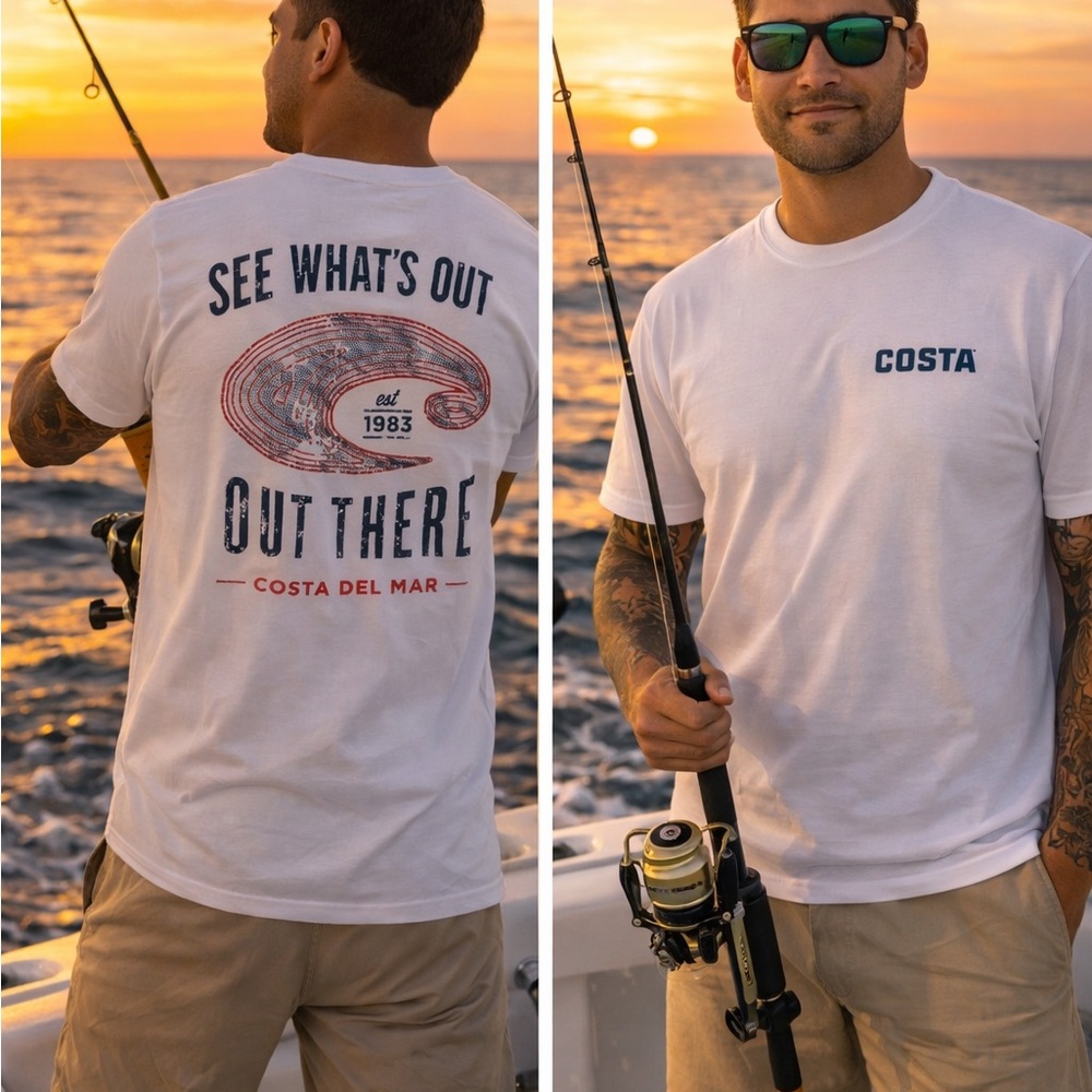 🆕 Costa Del Mar Men’s Fishing Beach Short Sleeve Logo Tee (S) & Logo Decal